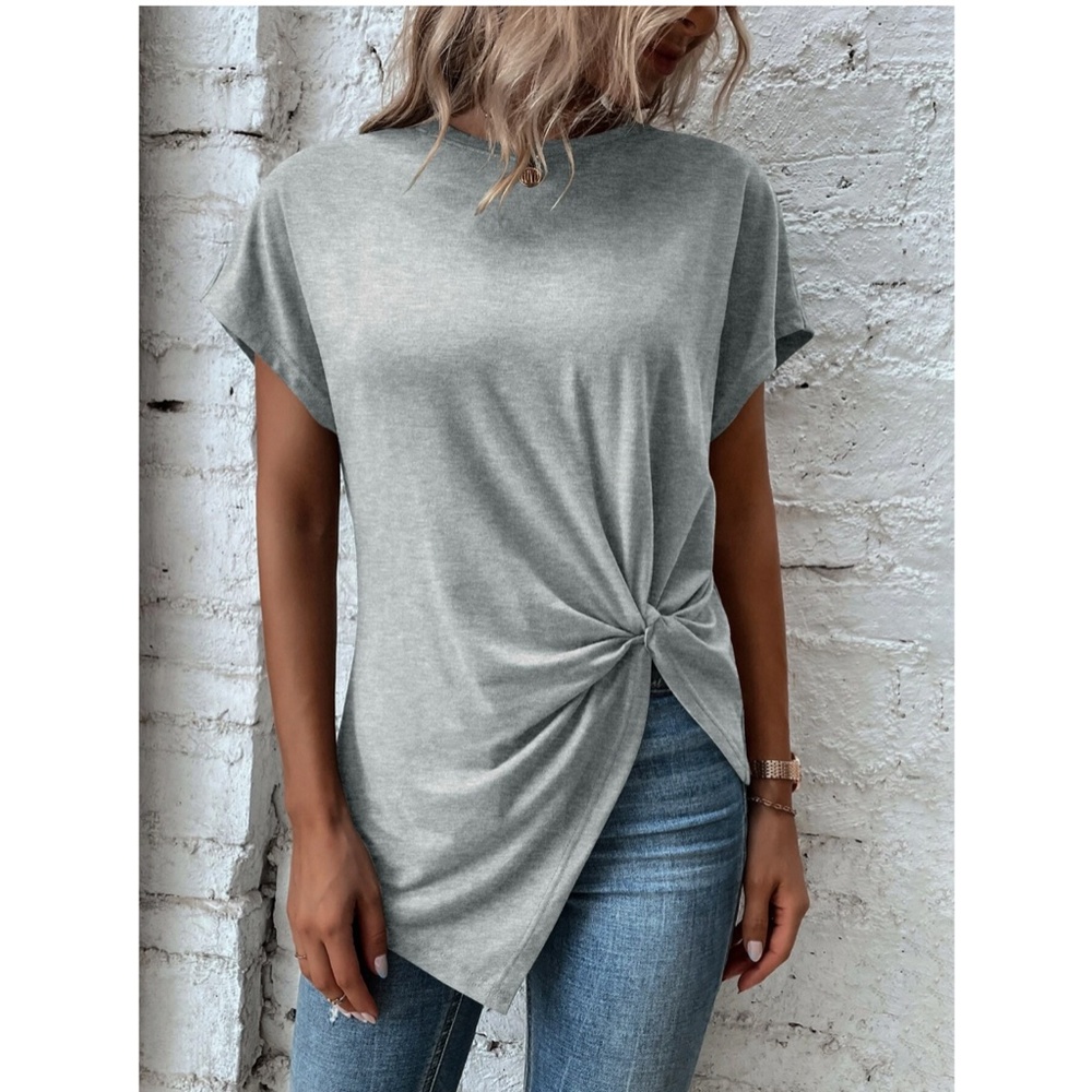 Twist Detail Grey Tee Shirt Short Sleeve Round Neck - Picture 5 of 12